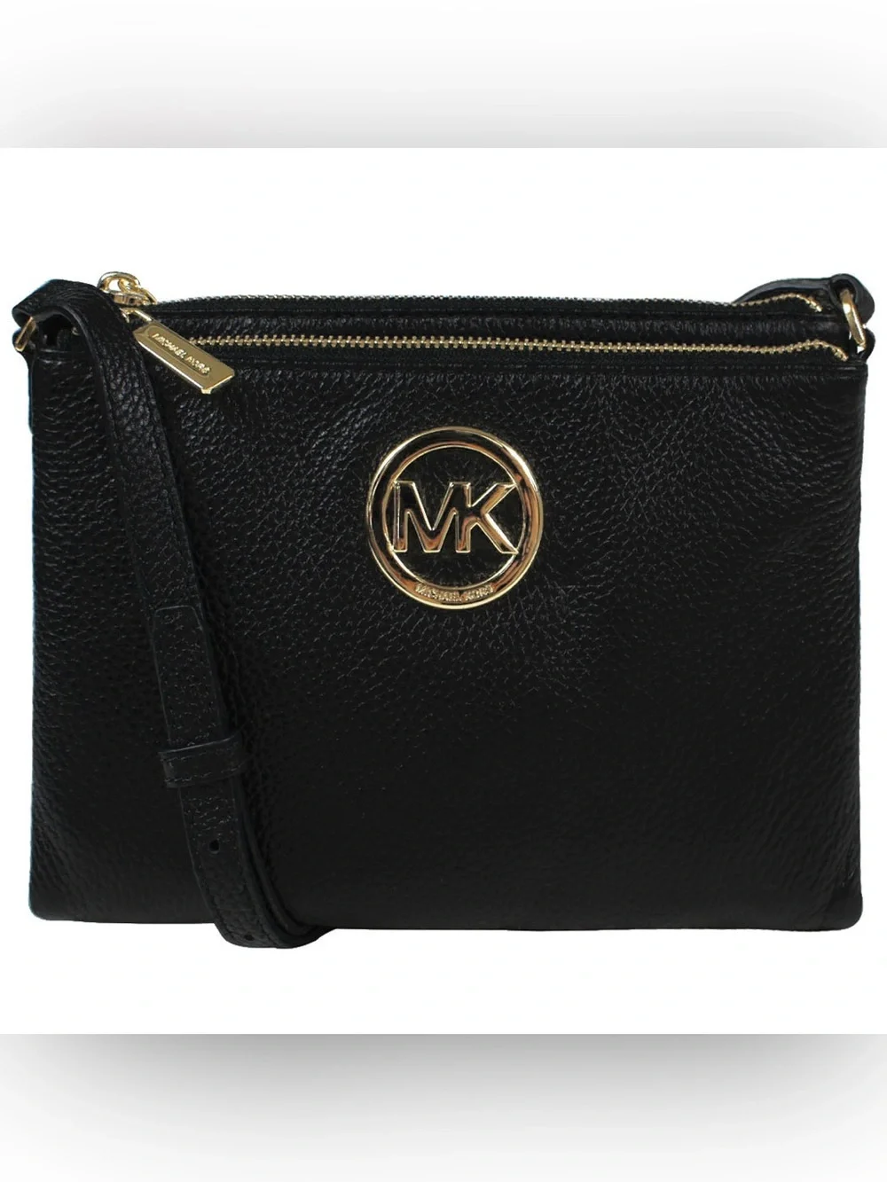 Michael Kors Black Leather Crossbody Purse Fulton Pebbled Gold Hardware Bag